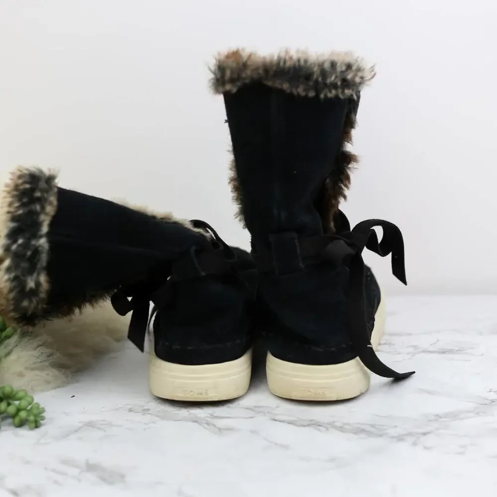 Toms Vista Black Suede Leather Faux Fur Lined Pull On Winter Boots 8.5 women's